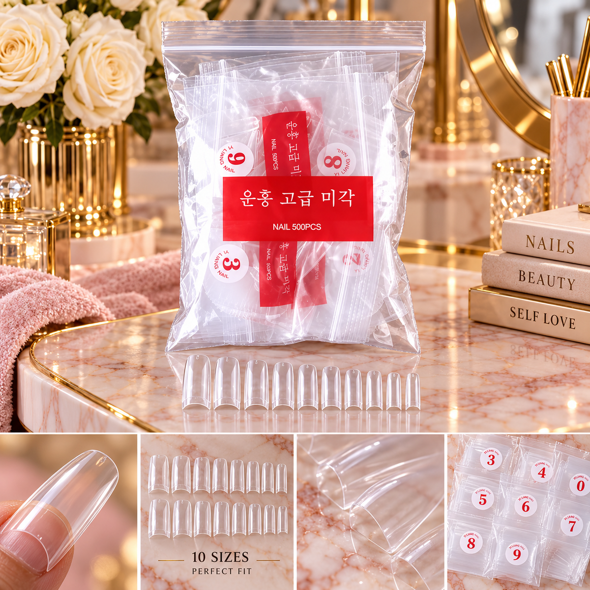 500PCS Korean French press-on nails luxury product photo with clear nail tips