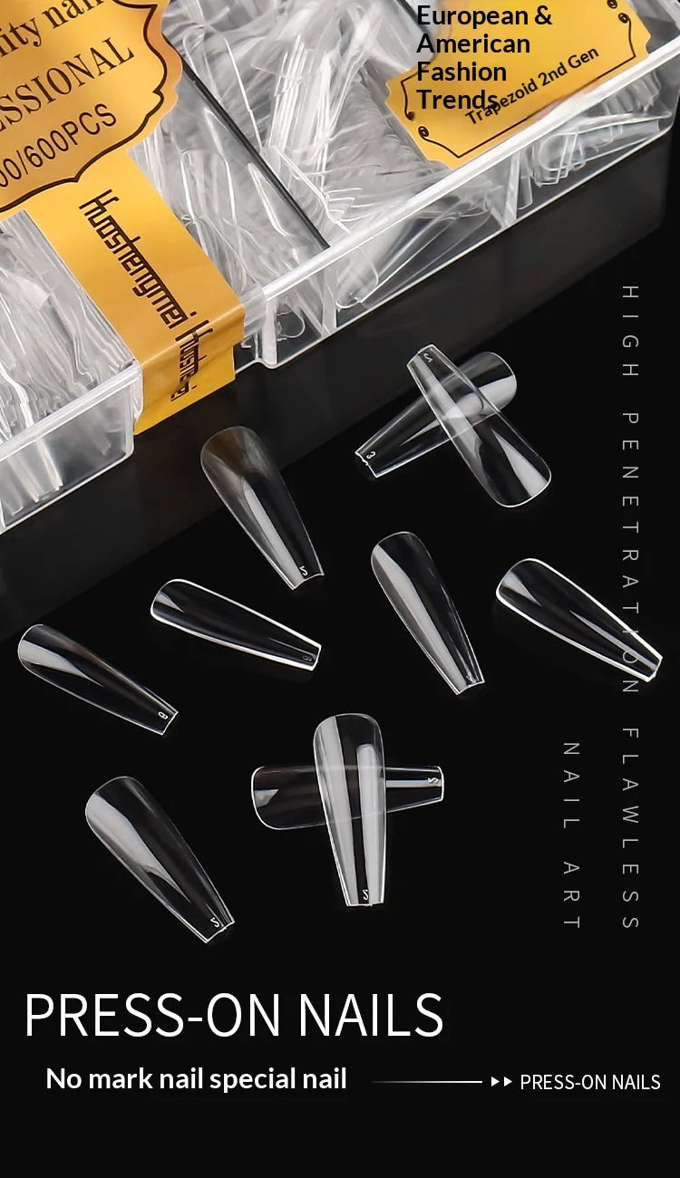 500-600Pcs Transparent HSM High Quality Traceless Nail Salon Artificial Fingernails European American Trendy Transparent Polish-Free Clear Trapezoid