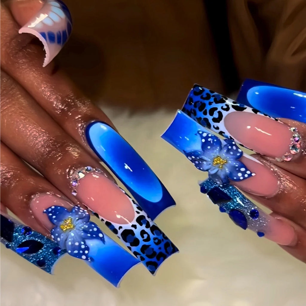 10Pcs 3D Handmade Press On Nails Hot New Product Long Square Head French Gold Line 3D Flower Design Reusable Full Cover Nail Tips