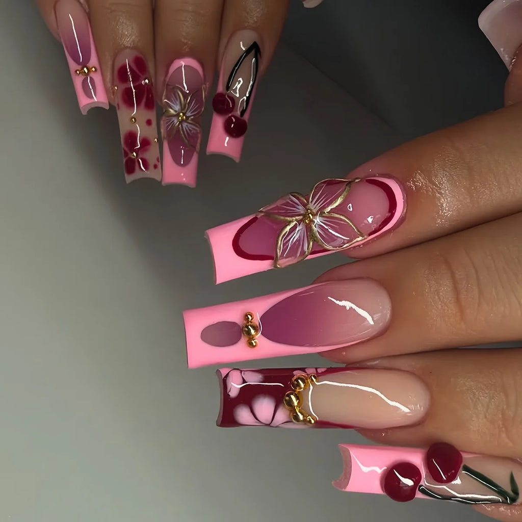 10Pcs 3D Handmade Press On Nails Hot New Product Long Square Head French Gold Line 3D Flower Design Reusable Full Cover Nail Tips