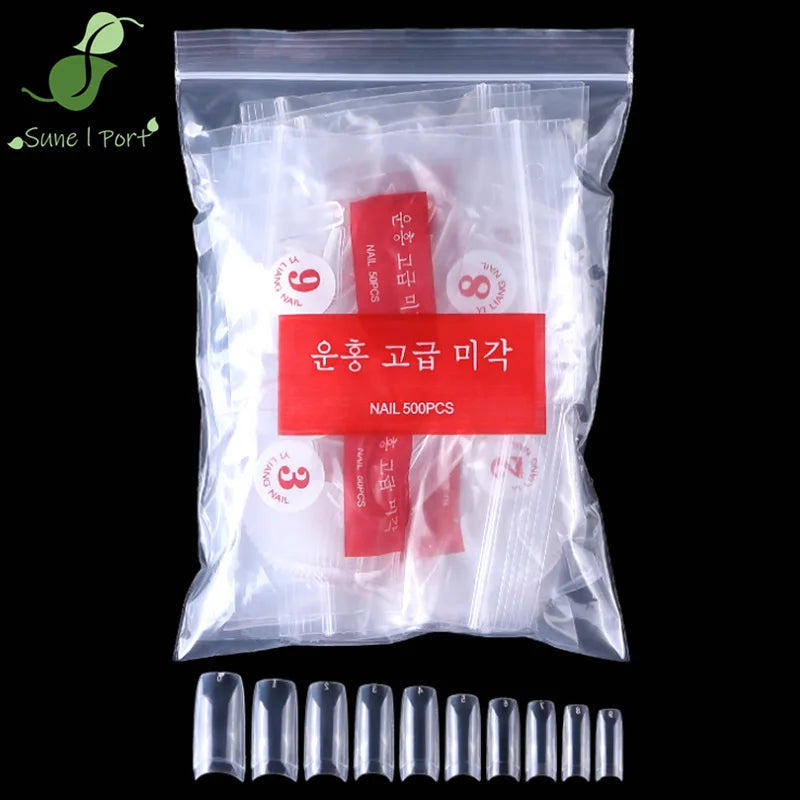 500Pcs Korean Transparent French Press On Nails Standard Bag Transparent Porcelain White False Nails Finished 0-9 50 Pieces Starry Long Tips ABS