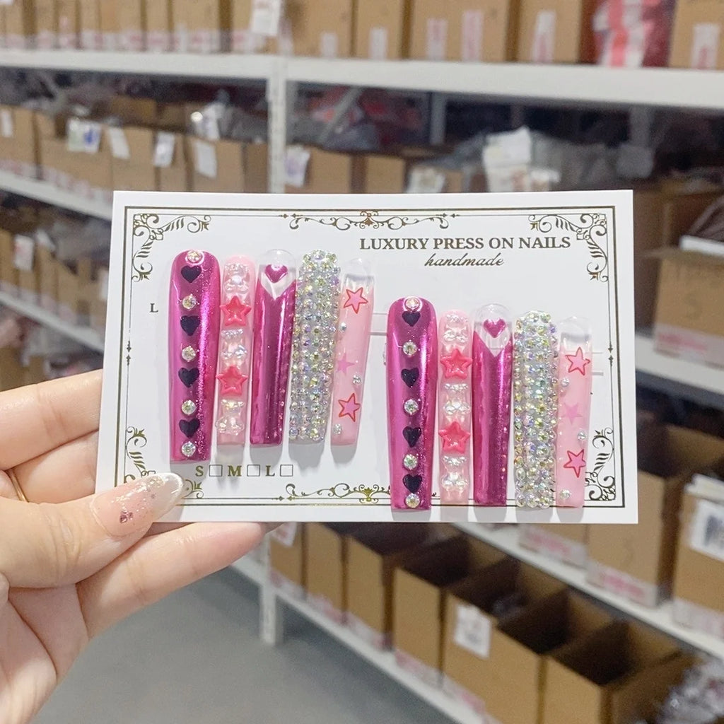 10Pcs 3D Handmade Custom Long Press-On Nails High Quality Reusable False Nails for Fingers Unique Design