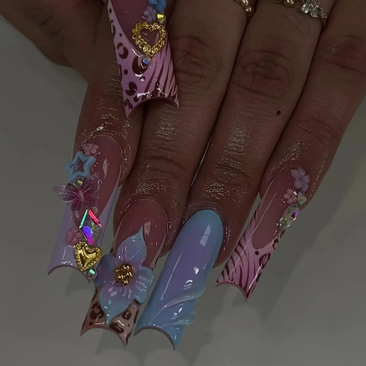 10Pcs 3D Handmade Press On Nails Hot New Product Long Square Head French Gold Line 3D Flower Design Reusable Full Cover Nail Tips