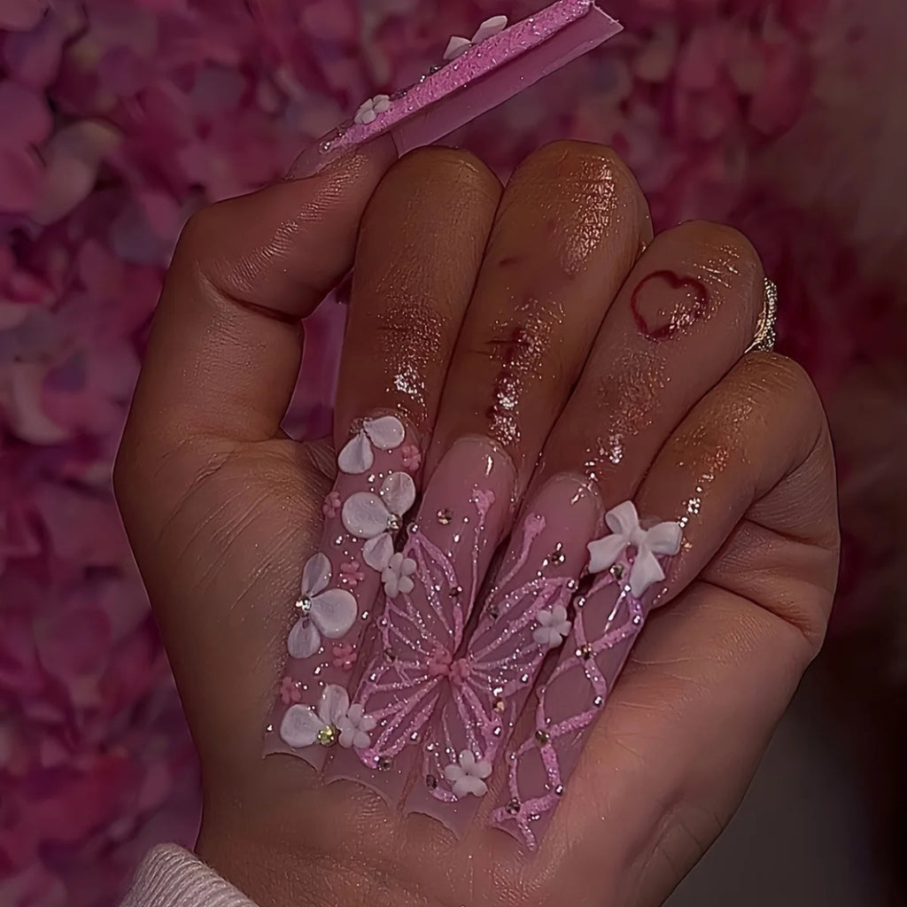 10Pcs 3D Handmade Press On Nails Hot New Product Long Square Head French Gold Line 3D Flower Design Reusable Full Cover Nail Tips