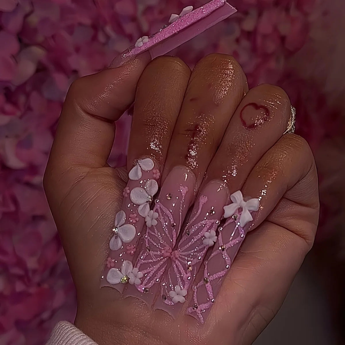 10Pcs 3D Handmade Press On Nails Hot New Product Long Square Head French Gold Line 3D Flower Design Reusable Full Cover Nail Tips