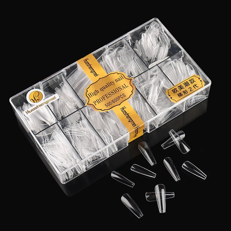500-600Pcs Transparent HSM High Quality Traceless Nail Salon Artificial Fingernails European American Trendy Transparent Polish-Free Clear Trapezoid