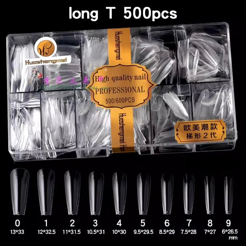 500-600Pcs Transparent HSM High Quality Traceless Nail Salon Artificial Fingernails European American Trendy Transparent Polish-Free Clear Trapezoid