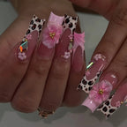 3D Flower Press-On Nails | Long Square Gold French Tips