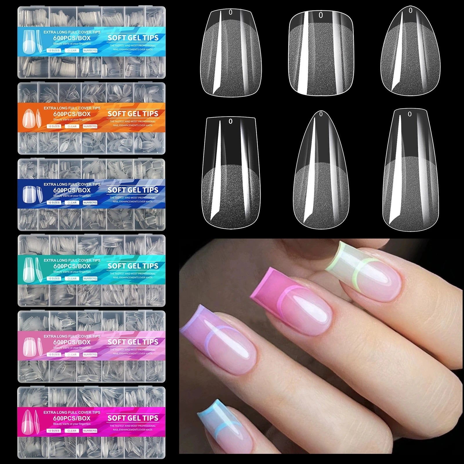 600Pcs Transparent Stiletto Press On Nails Soft Gel Nail Tips Full Cover Extension False Nail Wholesale