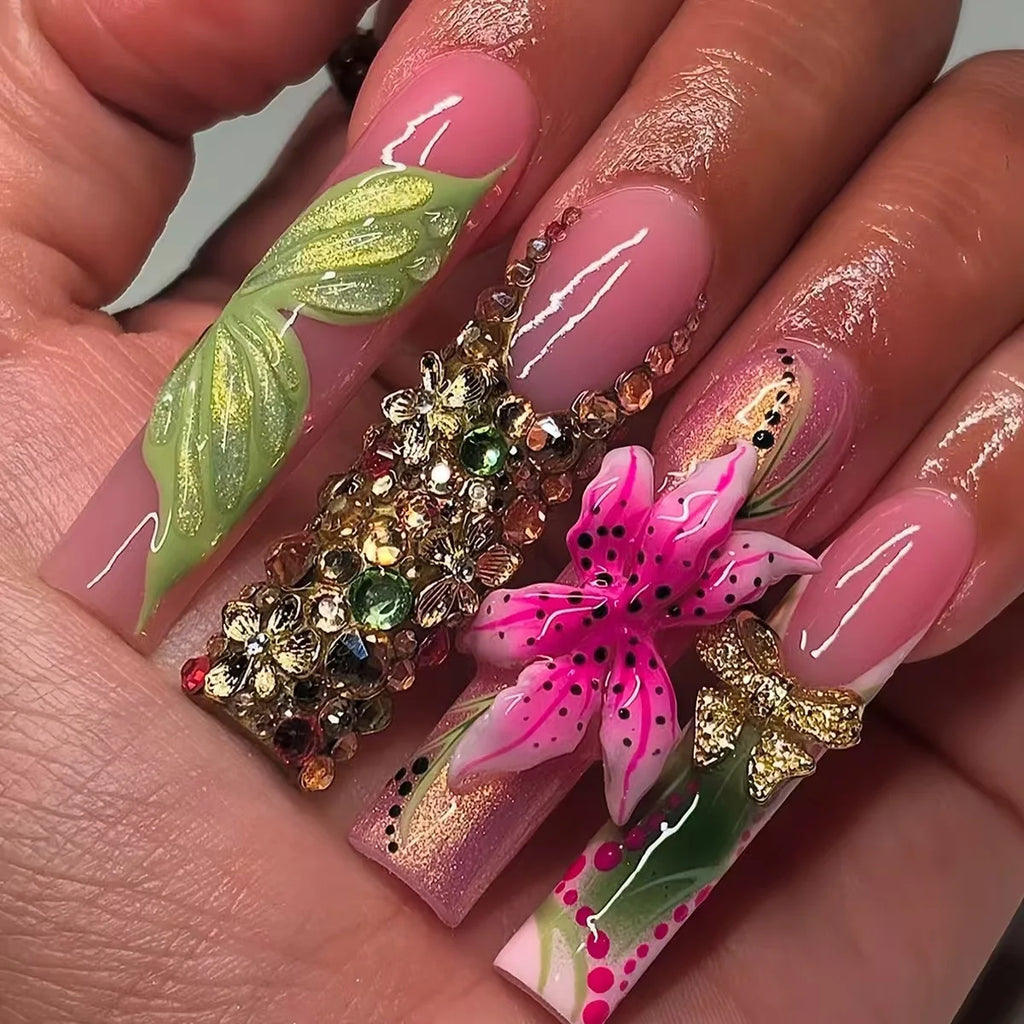 10Pcs 3D Handmade Press On Nails Hot New Product Long Square Head French Gold Line 3D Flower Design Reusable Full Cover Nail Tips