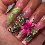 3D Flower Press-On Nails | Long Square Gold French Tips