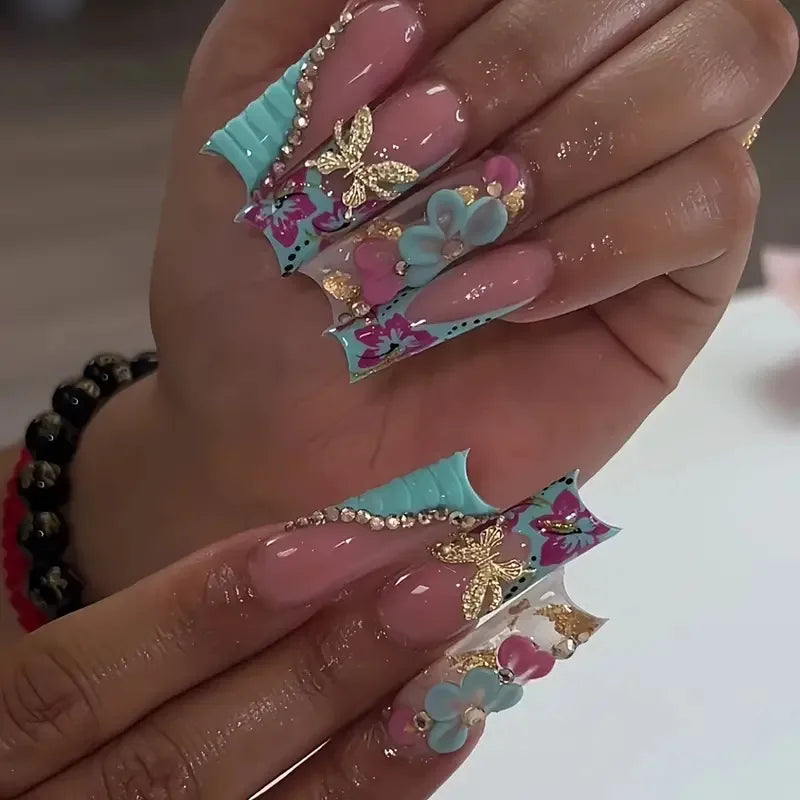 10Pcs 3D Handmade Press On Nails Hot New Product Long Square Head French Gold Line 3D Flower Design Reusable Full Cover Nail Tips