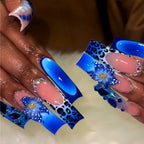 3D Flower Press-On Nails | Long Square Gold French Tips