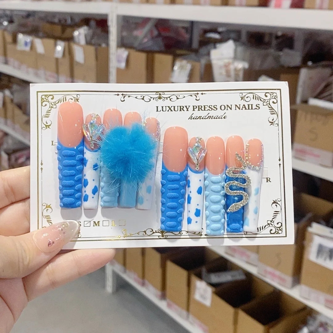 10Pcs 3D Handmade Custom Long Press-On Nails High Quality Reusable False Nails for Fingers Unique Design