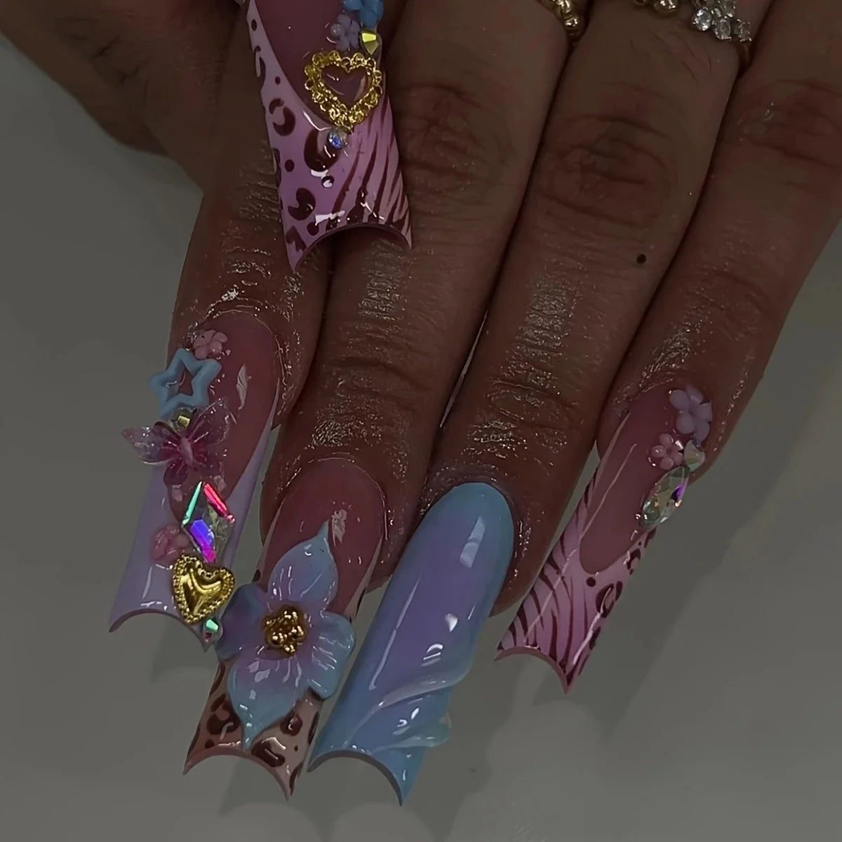 10Pcs 3D Handmade Press On Nails Hot New Product Long Square Head French Gold Line 3D Flower Design Reusable Full Cover Nail Tips