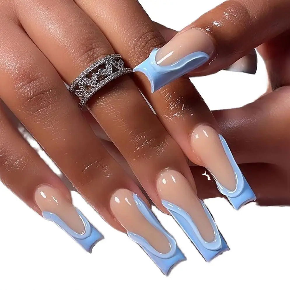 24Pcs 3D Dimensional French Sky Blue ABS Nail Art Acrylic Press-on Nails Fingernails Artificial False Nails