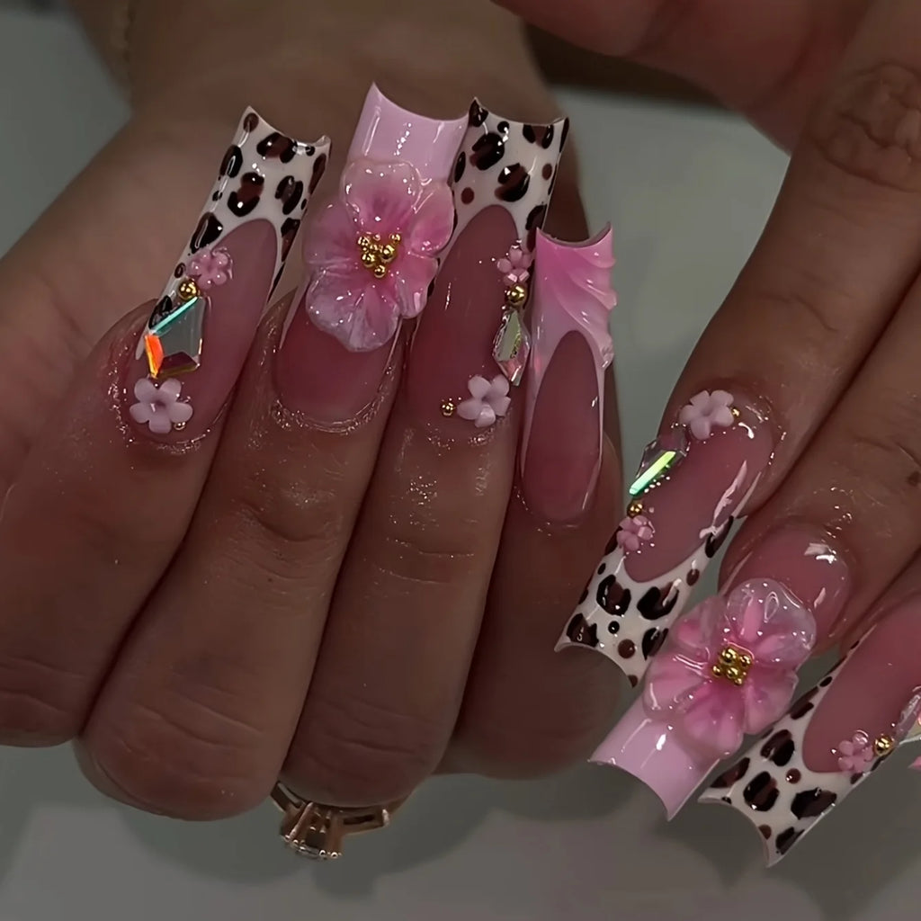 10Pcs 3D Handmade Press On Nails Hot New Product Long Square Head French Gold Line 3D Flower Design Reusable Full Cover Nail Tips