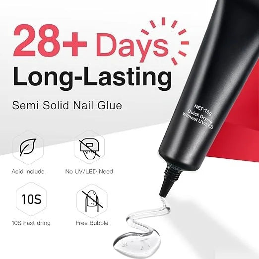 Super Strong 15g Nail Glue for Press On Acrylic False Tip Nails - Quick Drying Semi-Solid Adhesive Adhesion Gel, No UV Light Needed - Long Lasting Fake Nails Kit 10mL Remover for Easy Application Home or Salon