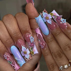 3D Flower Press-On Nails | Long Square Gold French Tips