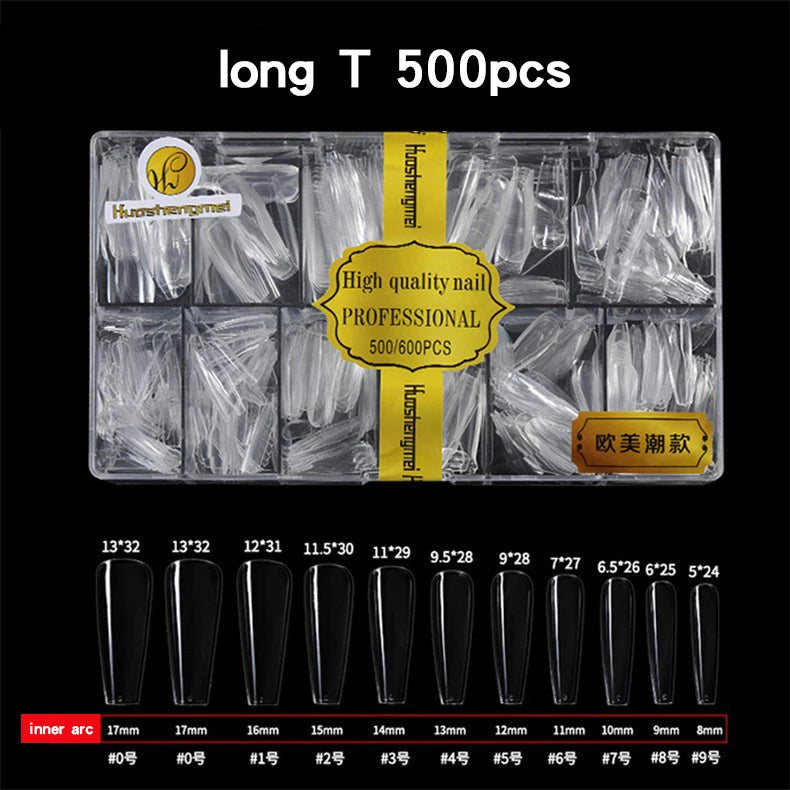 500-600Pcs Transparent HSM High Quality Traceless Nail Salon Artificial Fingernails European American Trendy Transparent Polish-Free Clear Trapezoid