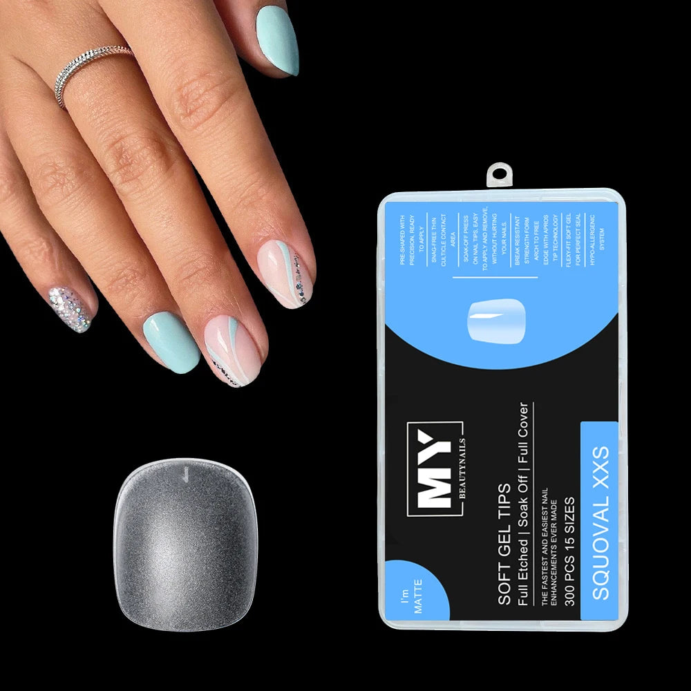 300Pcs Matte Press On Nails Fully Etched Full Cover Press on Nails Tips Square Coffin Short Clear Gel Tips Nails