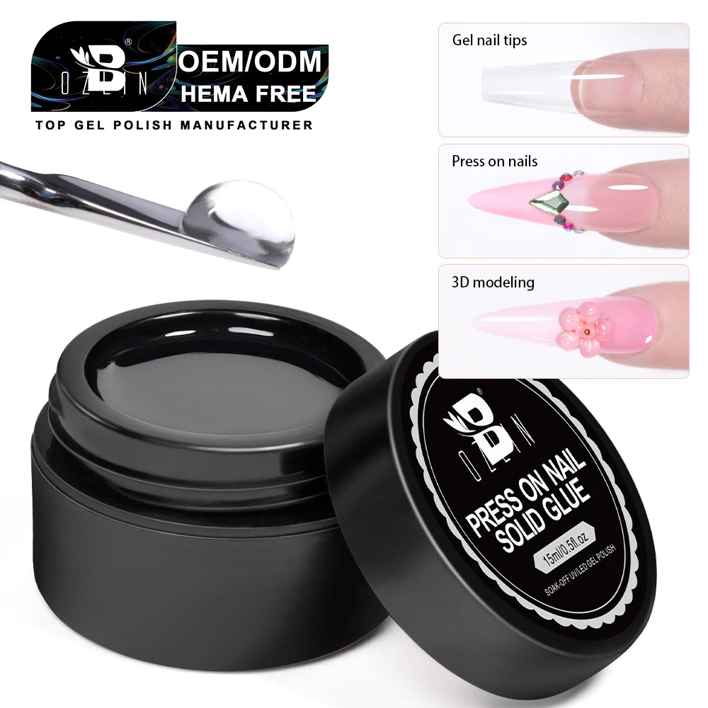 Solid Nail Gel Glue 15g Strong Adhesion for Press On False Nail Acrylic Tips Strong Adhesive for Nail Art UV Light Cured