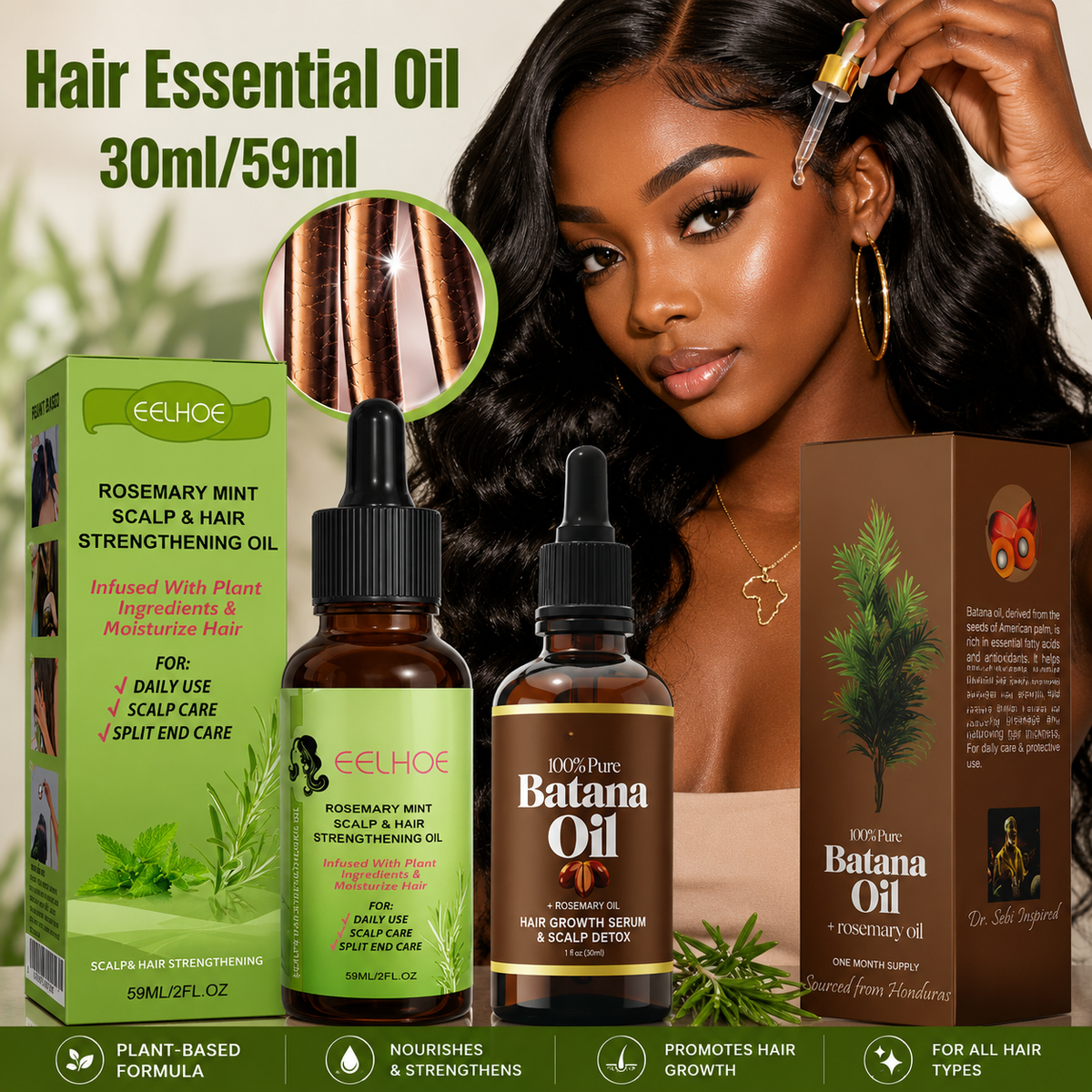 30ml/59ml Batana Rosemary Mint Scalp Hair Strengthening Oil Biotin Essential