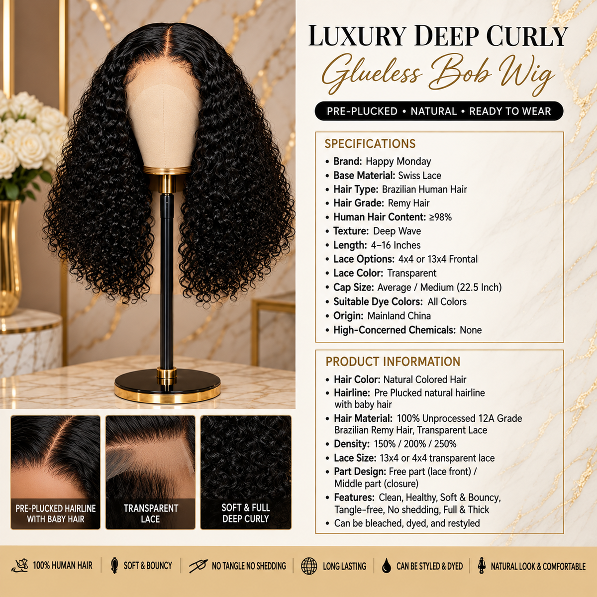 13x4 Deep Curly Human Hair Bob Wig with Baby Hair