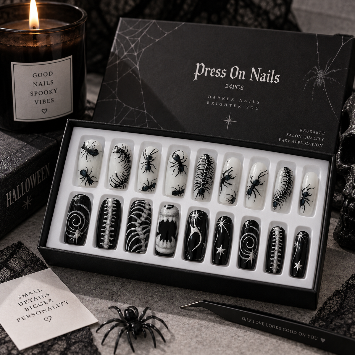 24pc Halloween Press On Nails, Black Ballet Ant Gothic Tips