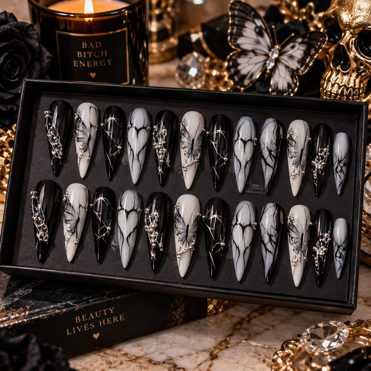 24pc Halloween Press-On Nails Black Y2K Butterfly Diamond Long Almond Tips