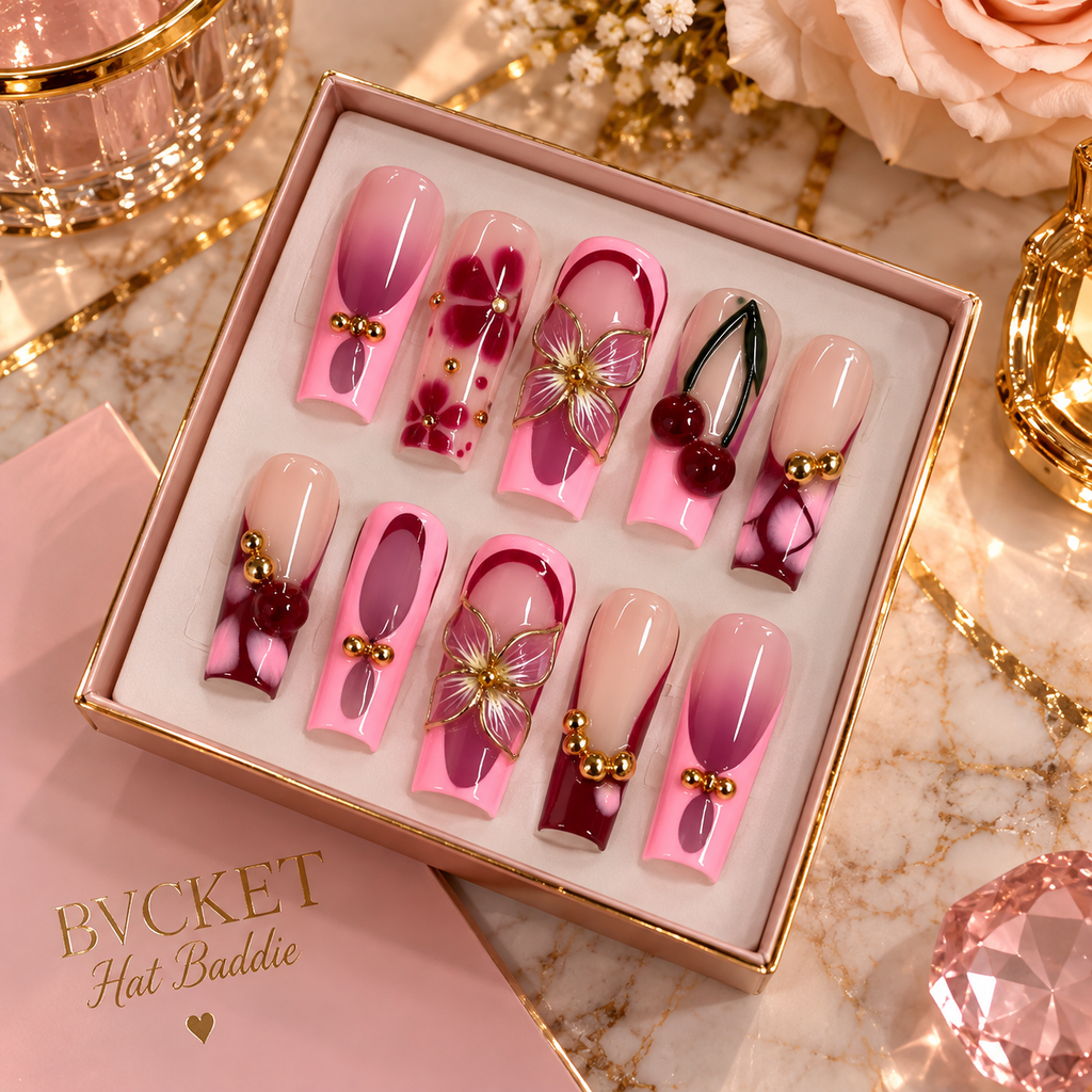 3D Flower Press-On Nails | Long Square Gold French Tips