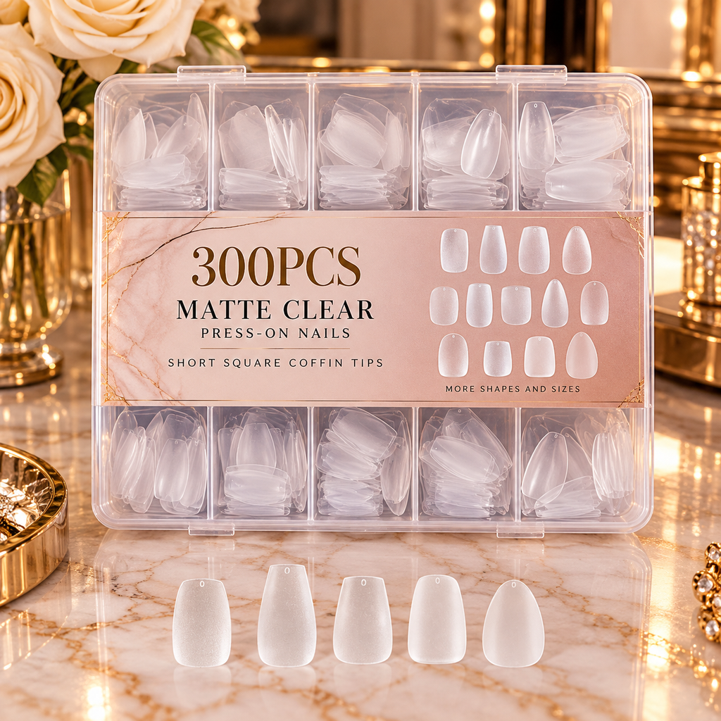 300PCS Matte Clear Press-On Nails | Short Square Coffin Tips