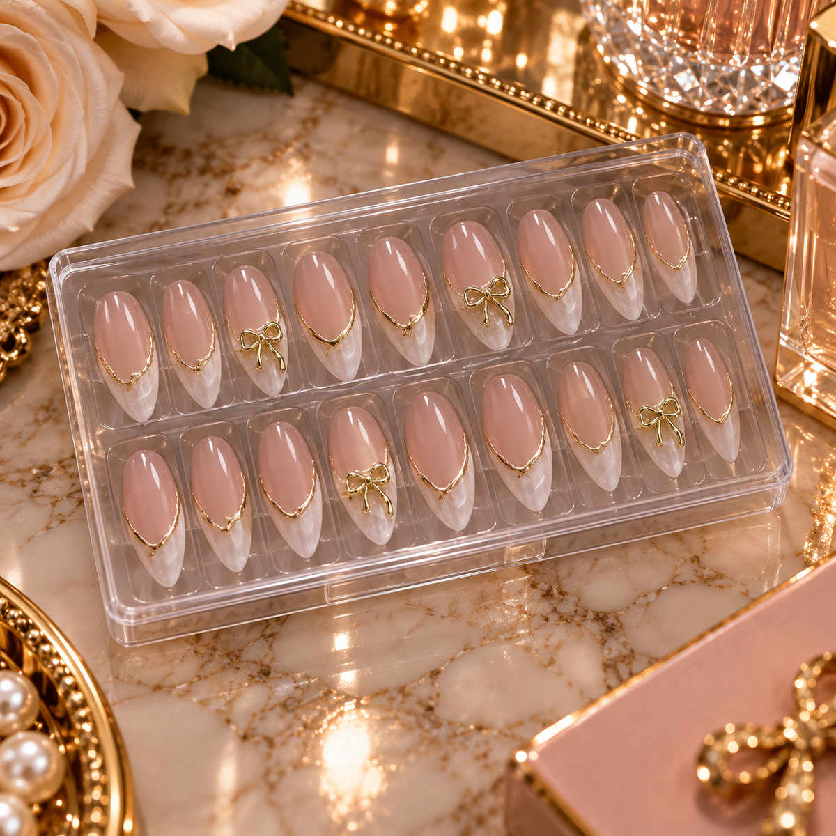 24PCS Gold Bow French Press-On Nails | Almond Nail Art Tips