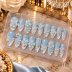 24PCS Blue Cat Eye Press-On Nails | 3D Floral Pearl Glossy