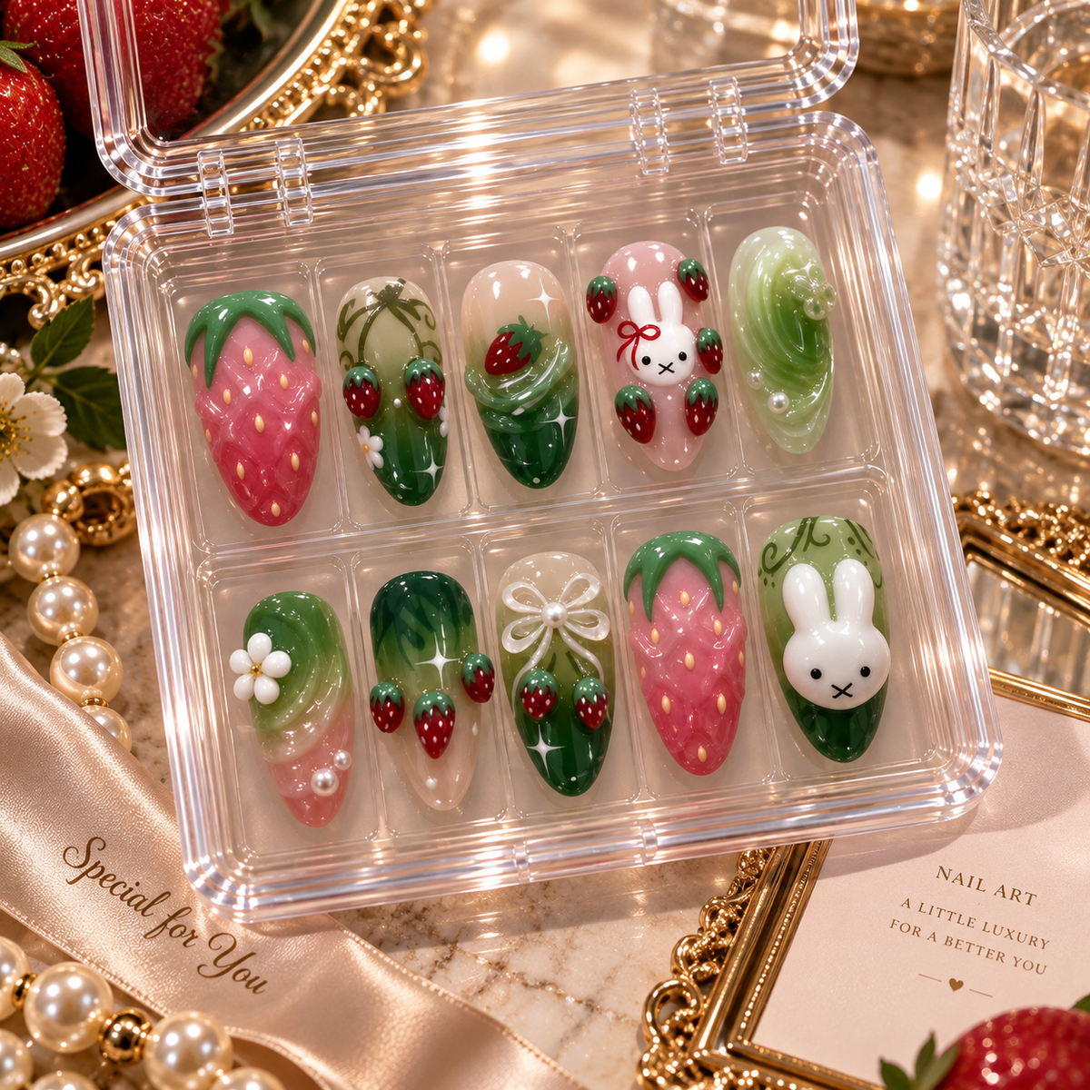 24PCS 3D Strawberry Rabbit Press-On Nails | Glossy Floral