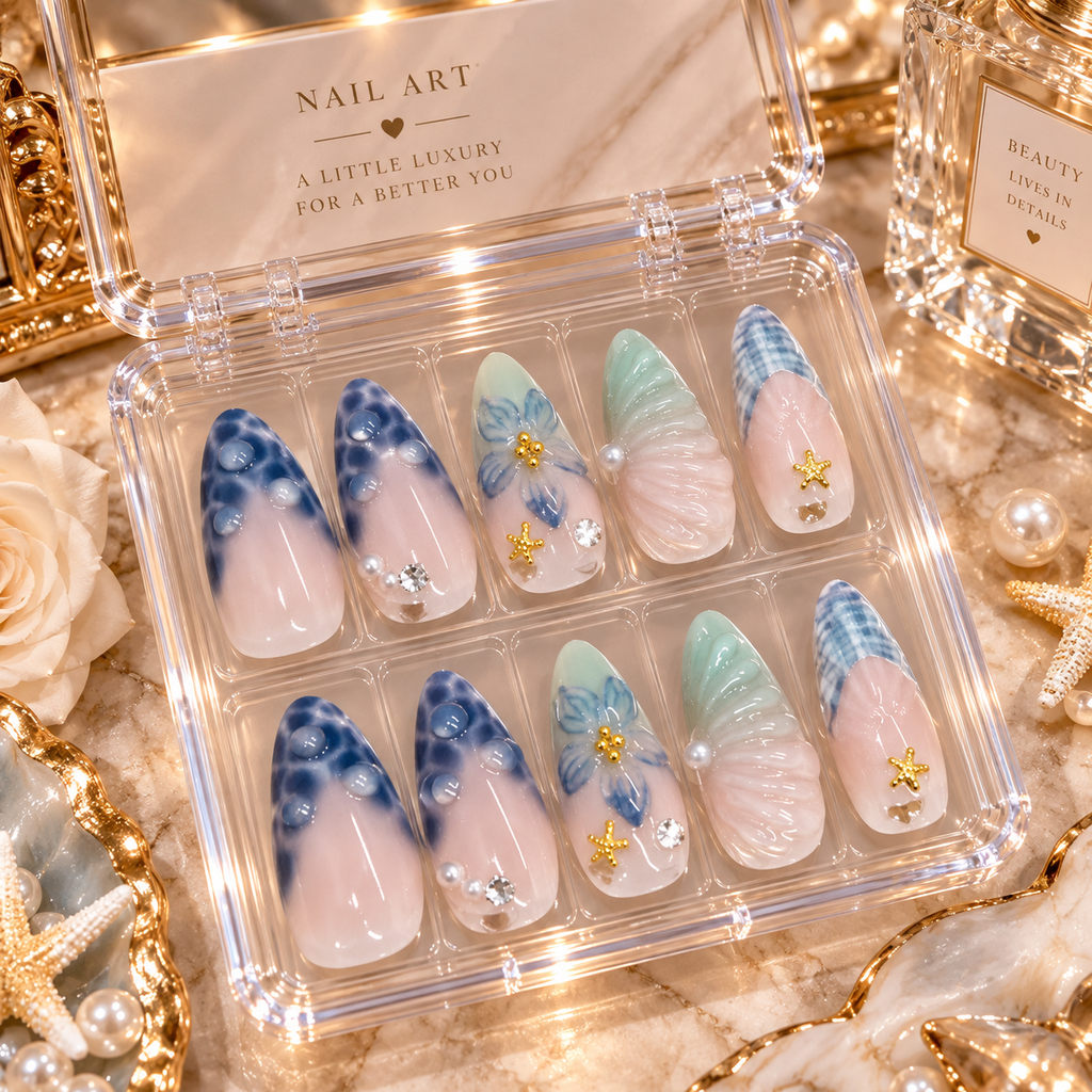 24PCS 3D Blue Pearl Press-On Nails | Rhinestone Starfish