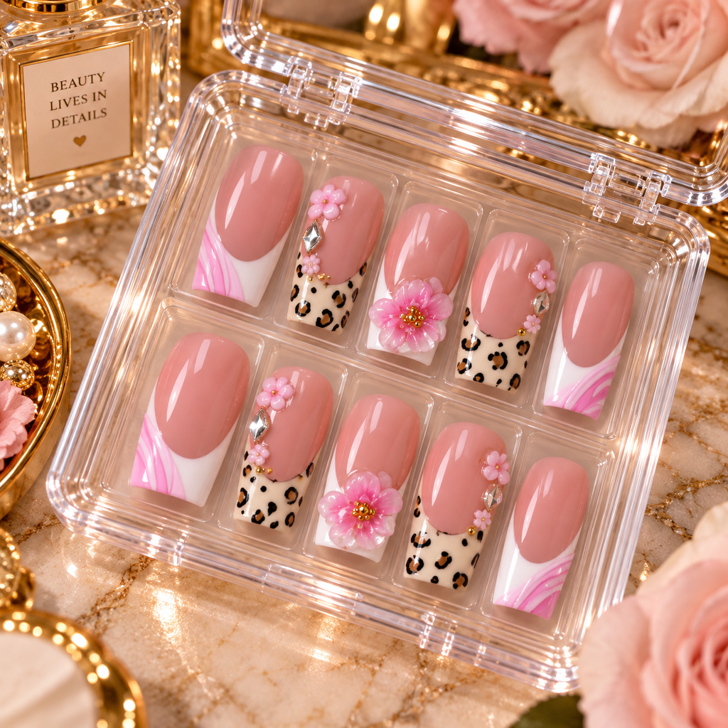 Y2K Leopard Pink Flower Press-On Nails | Rhinestone