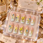 24PCS Blue Floral Press-On Nails | Mid Length Square Tips