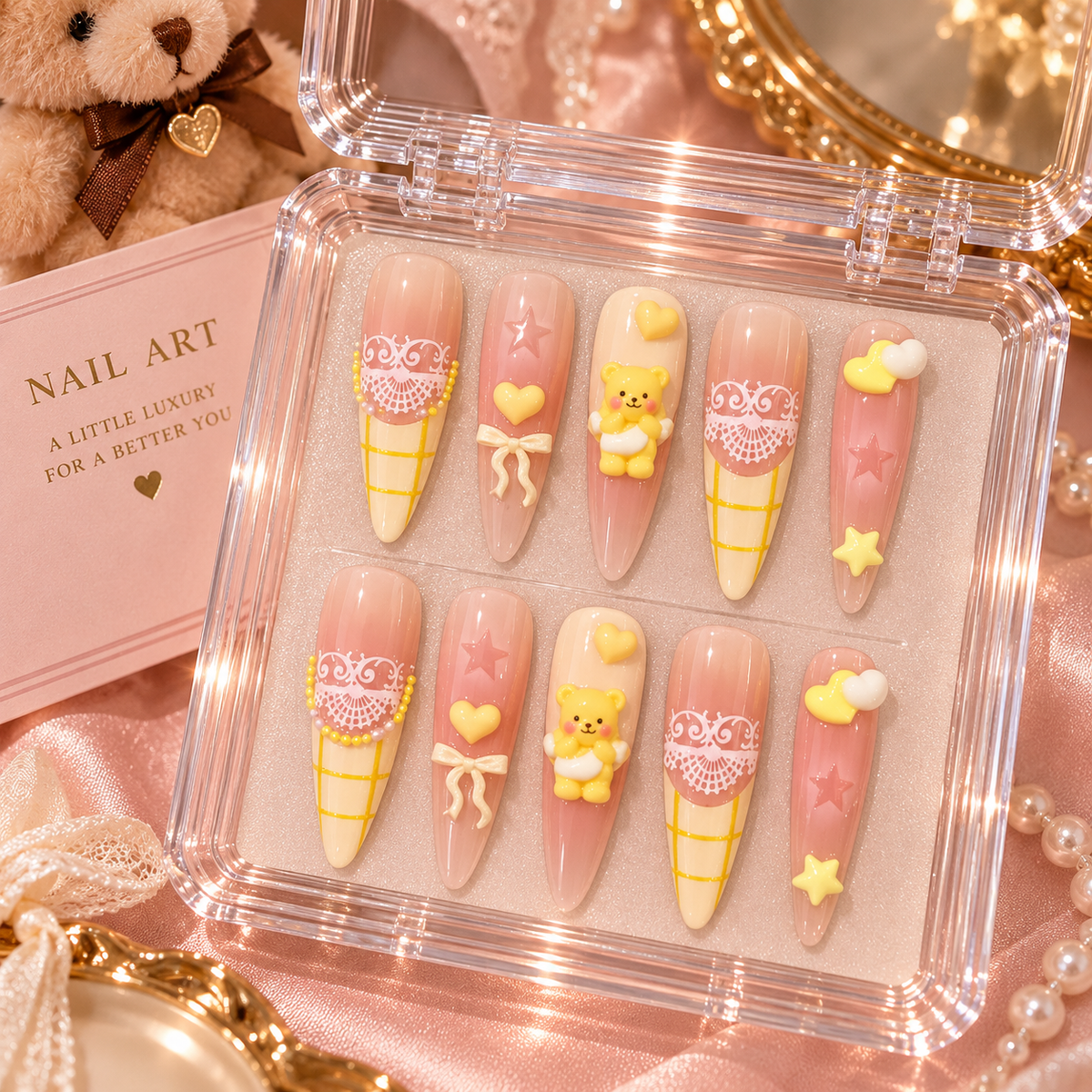 24PCS Cute Bear Stiletto Press-On Nails | 3D Pink Nail Art