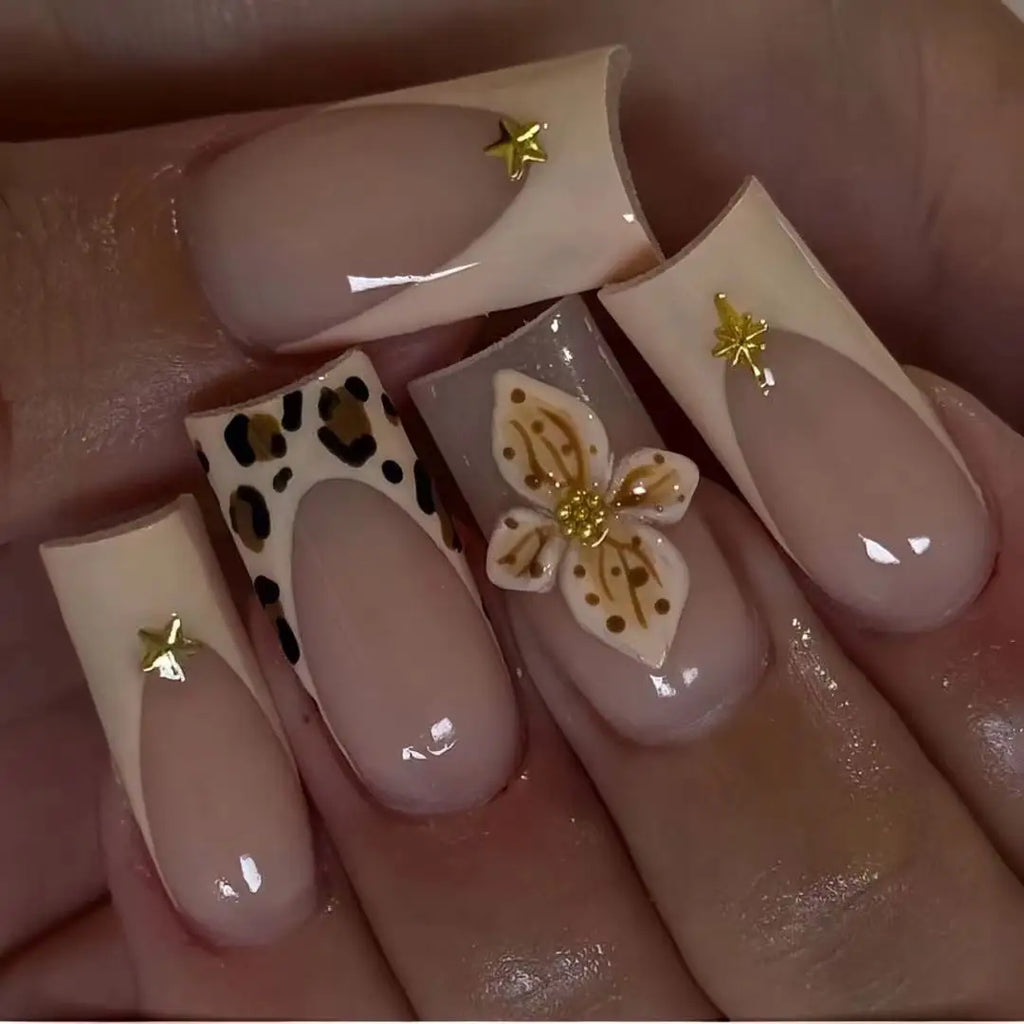 24Pcs Leopard Print Design False Nails with Bow Rhinestone Long Square Press on Nails Wearable French Ballet Fake Nail Tips