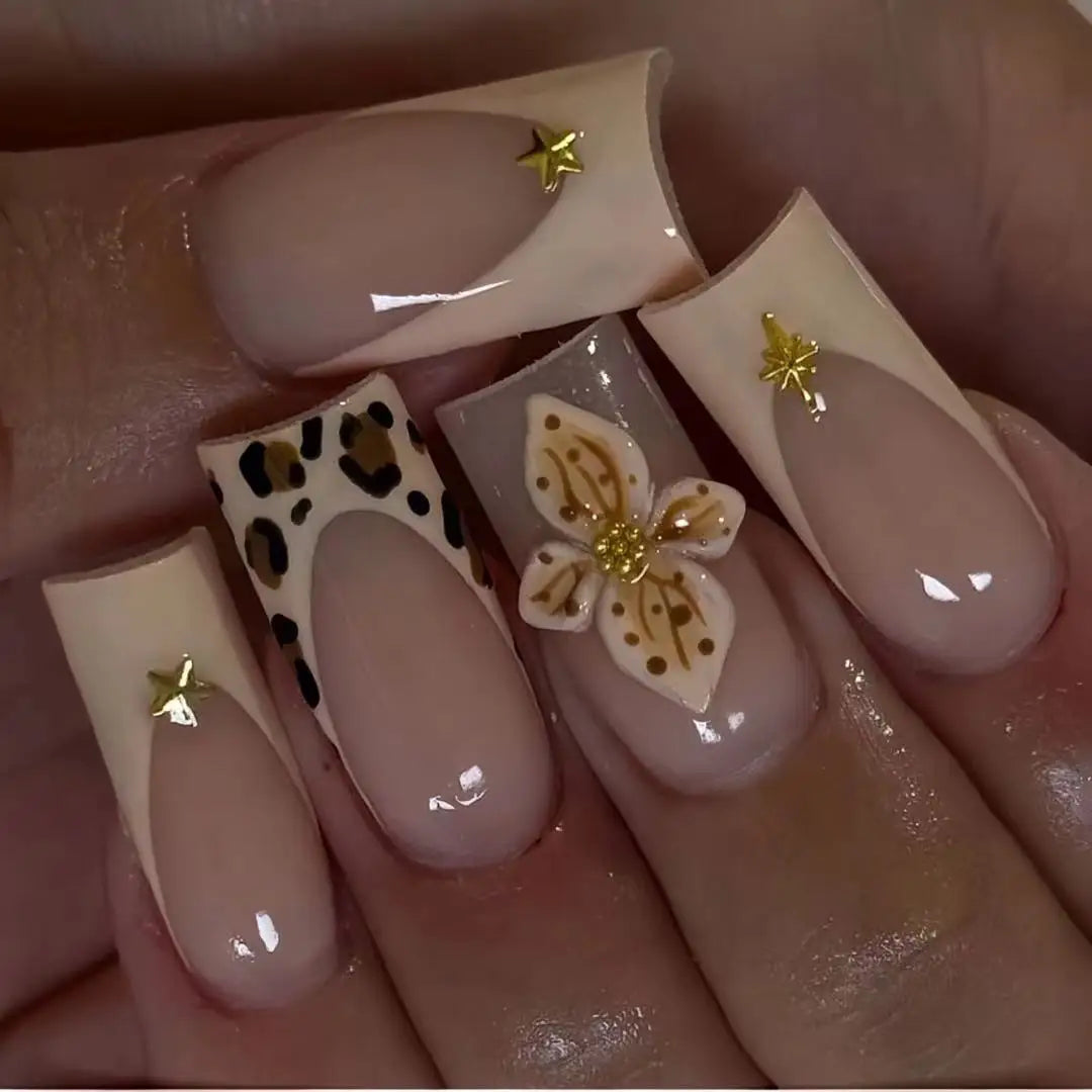 24Pcs Leopard Print Design False Nails with Bow Rhinestone Long Square Press on Nails Wearable French Ballet Fake Nail Tips