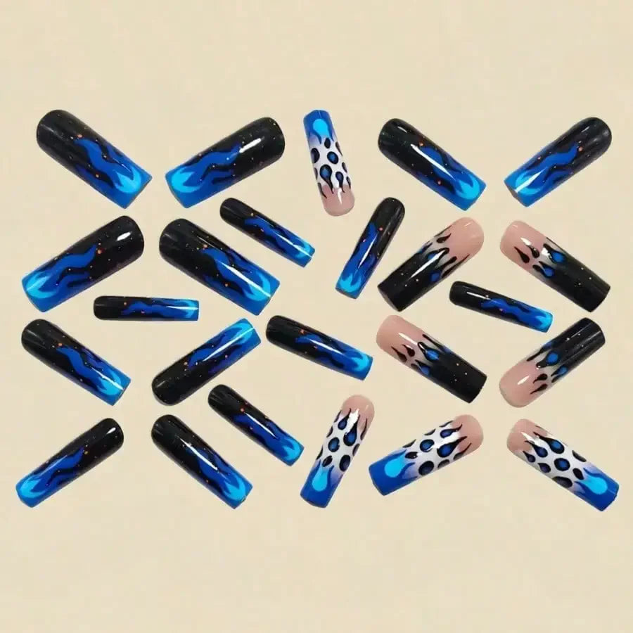 24PCS Y2K Blue Black Flame Fake Acrylic Nails Press On Nails for Women Leopard Print Glitter Long Coffin Nails Punk Party Cosplay Manicure ﻿Non-Brand