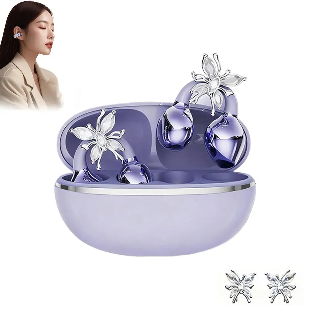 Wireless Open Ear Clip On Earbuds, Bluetooth Crystal Bowknot