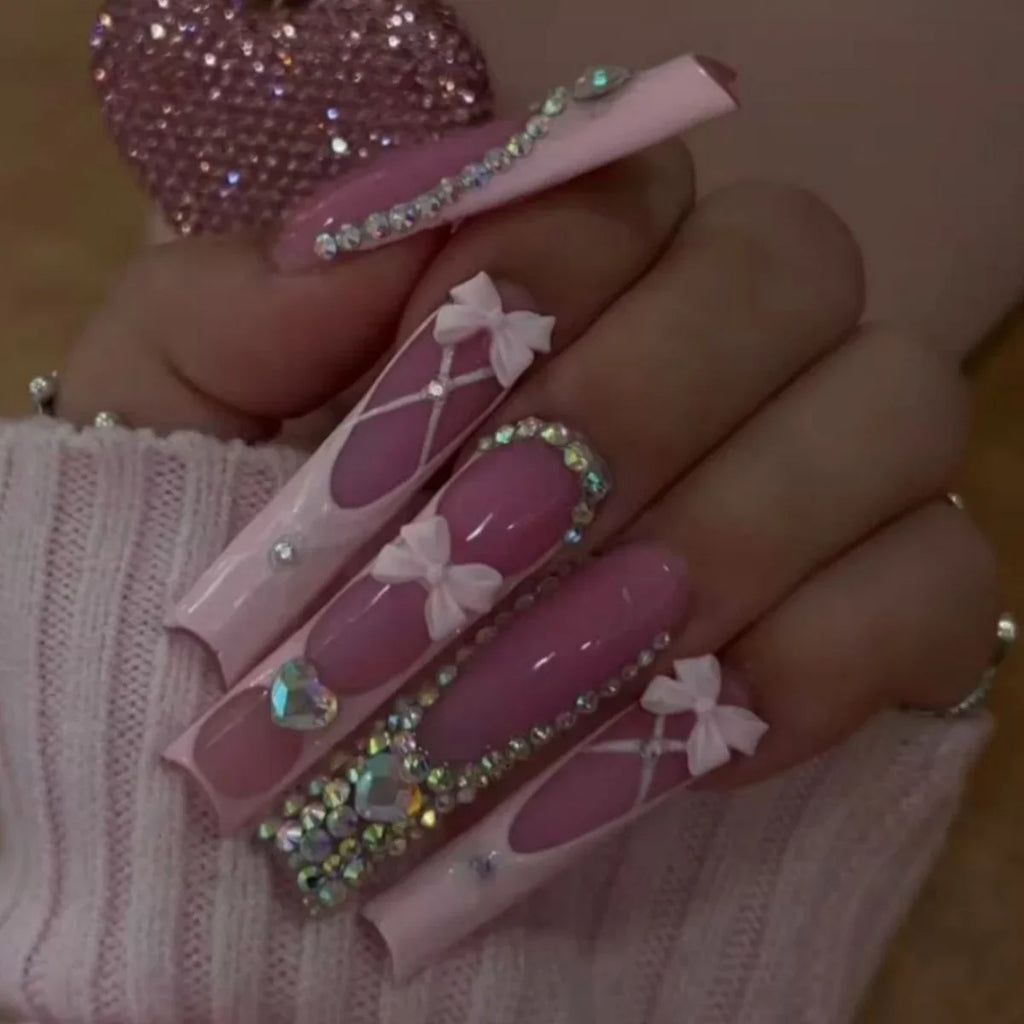 24pcs long square Press on Nails wealth decora French 3D Bow rhinestone Pink Fake Nails Cute Long Nail Art wearable detachable