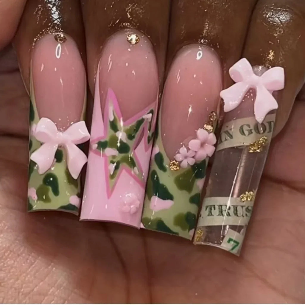 24pcs long square Press on Nails wealth decora French 3D Bow rhinestone Pink Fake Nails Cute Long Nail Art wearable detachable