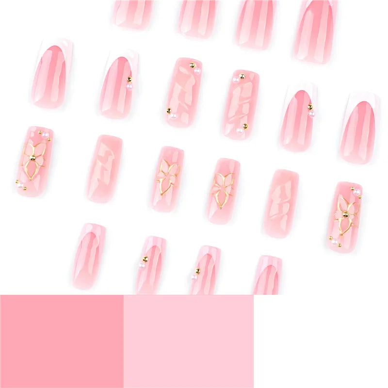 Romantic Pink Gradient Fake Nails Exquisite Flower and Gold Jewelry Fashion Personalized Nail Art Set Suitable for Women