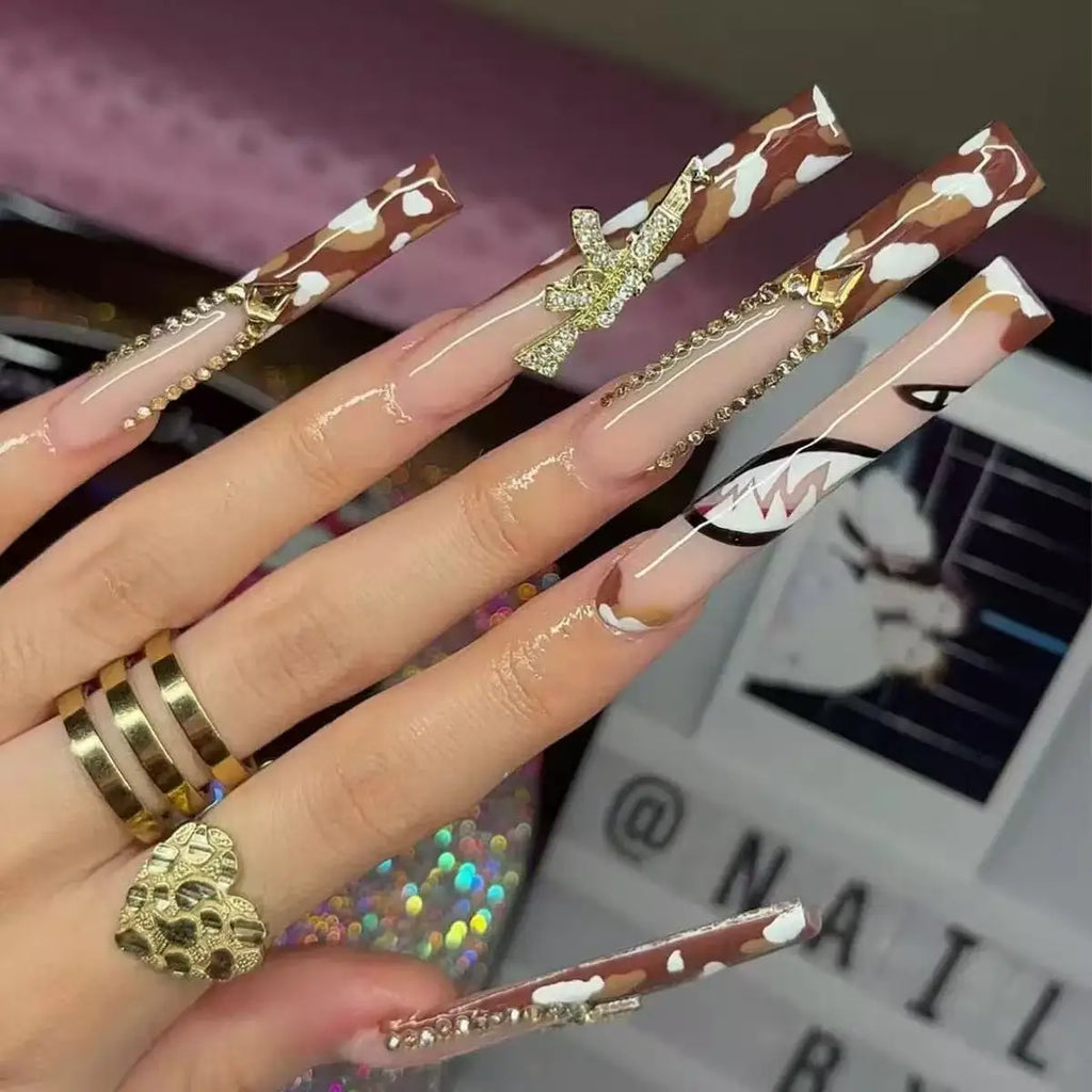 24pcs long square Press on Nails wealth decora French 3D Bow rhinestone Pink Fake Nails Cute Long Nail Art wearable detachable
