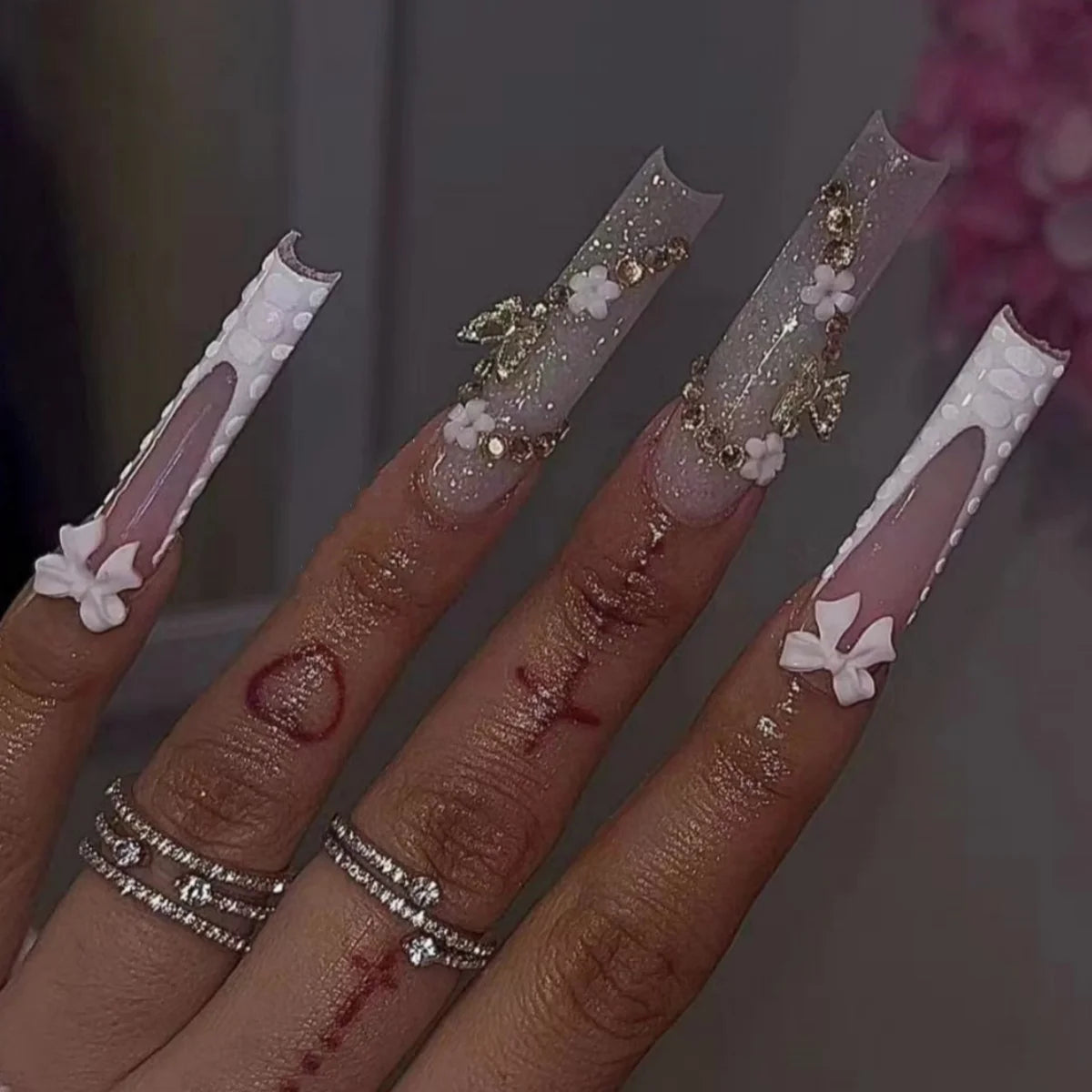 24pcs long square Press on Nails wealth decora French 3D Bow rhinestone Pink Fake Nails Cute Long Nail Art wearable detachable