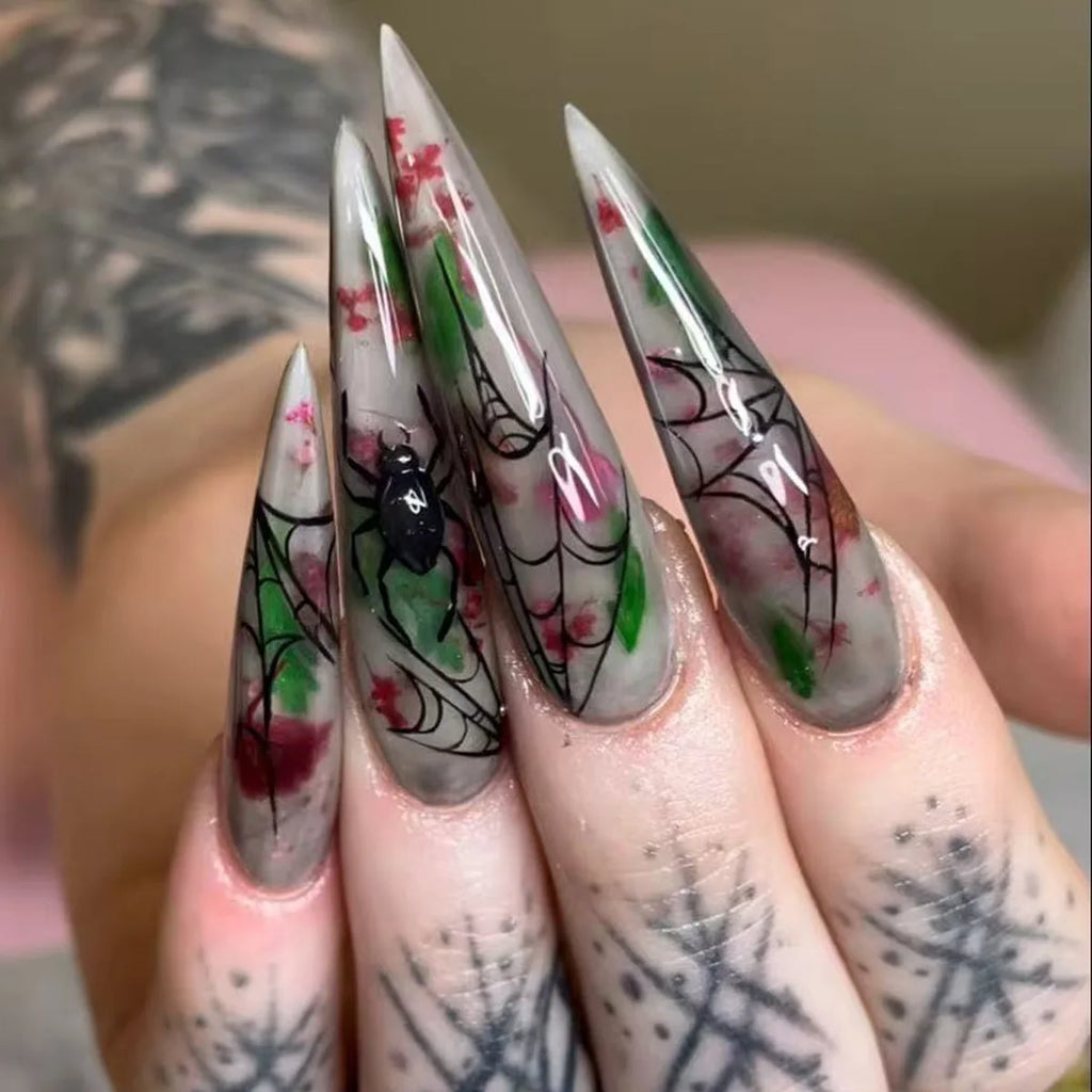 24pc Halloween Press On Nails, Silver Spider Gothic Almond Tips