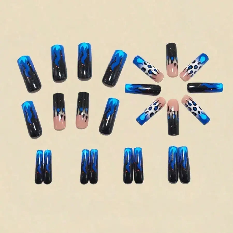 24PCS Y2K Blue Black Flame Fake Acrylic Nails Press On Nails for Women Leopard Print Glitter Long Coffin Nails Punk Party Cosplay Manicure ﻿Non-Brand